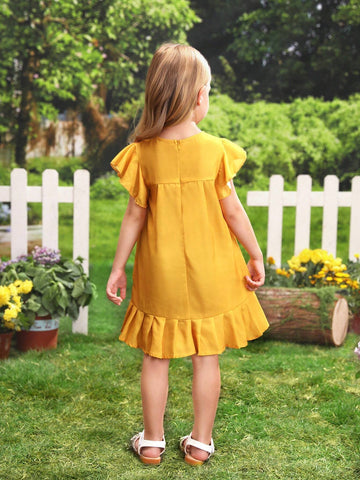 Young Girl Vacation Casual Floral Print Ruffle Hem A-Line Dress With Short Flounce Sleeves