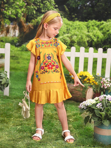 Young Girl Vacation Casual Floral Print Ruffle Hem A-Line Dress With Short Flounce Sleeves