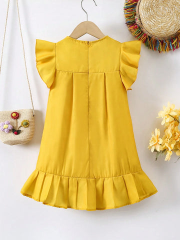 Young Girl Vacation Casual Floral Print Ruffle Hem A-Line Dress With Short Flounce Sleeves