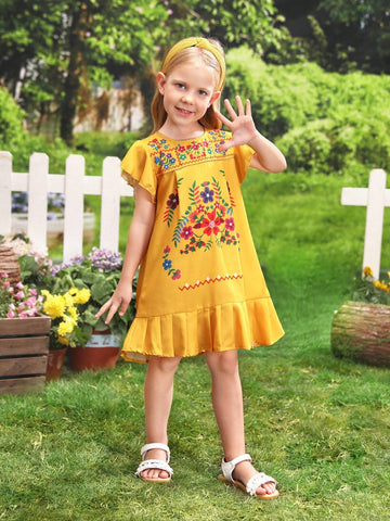 Young Girl Vacation Casual Floral Print Ruffle Hem A-Line Dress With Short Flounce Sleeves