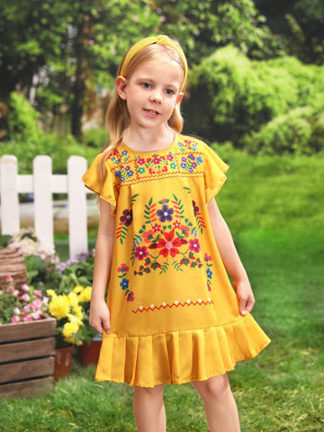 Young Girl Vacation Casual Floral Print Ruffle Hem A-Line Dress With Short Flounce Sleeves