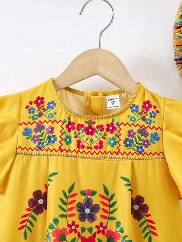 Young Girl Vacation Casual Floral Print Ruffle Hem A-Line Dress With Short Flounce Sleeves