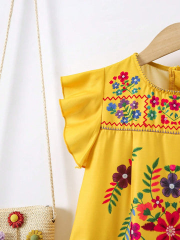 Young Girl Vacation Casual Floral Print Ruffle Hem A-Line Dress With Short Flounce Sleeves