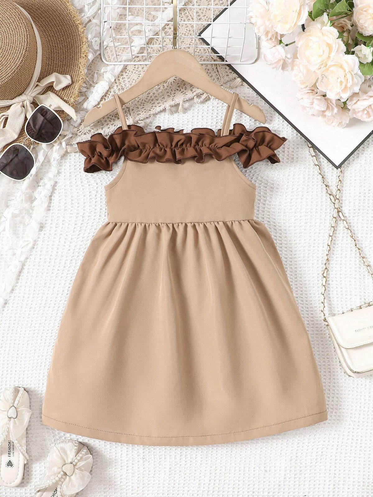Young Girl Vacation Casual Off-Shoulder Color Contrast Ruffle Hem Cami Dress