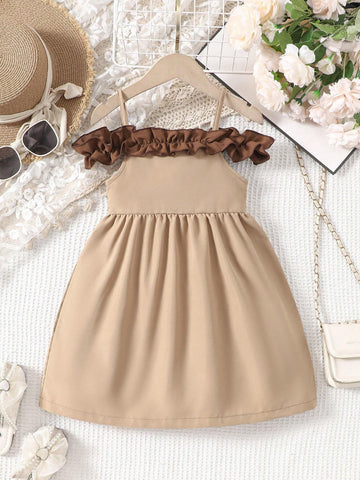 Young Girl Vacation Casual Off-Shoulder Color Contrast Ruffle Hem Cami Dress