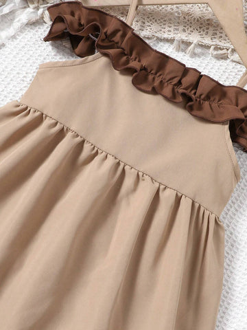 Young Girl Vacation Casual Off-Shoulder Color Contrast Ruffle Hem Cami Dress