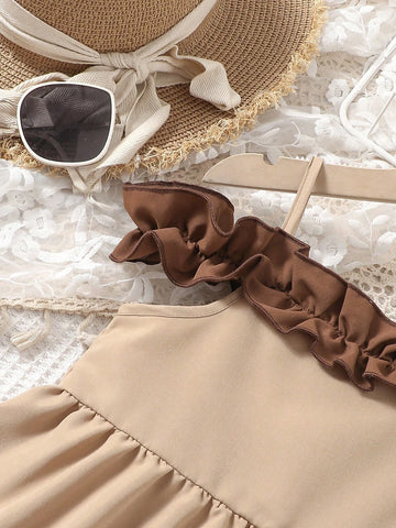 Young Girl Vacation Casual Off-Shoulder Color Contrast Ruffle Hem Cami Dress