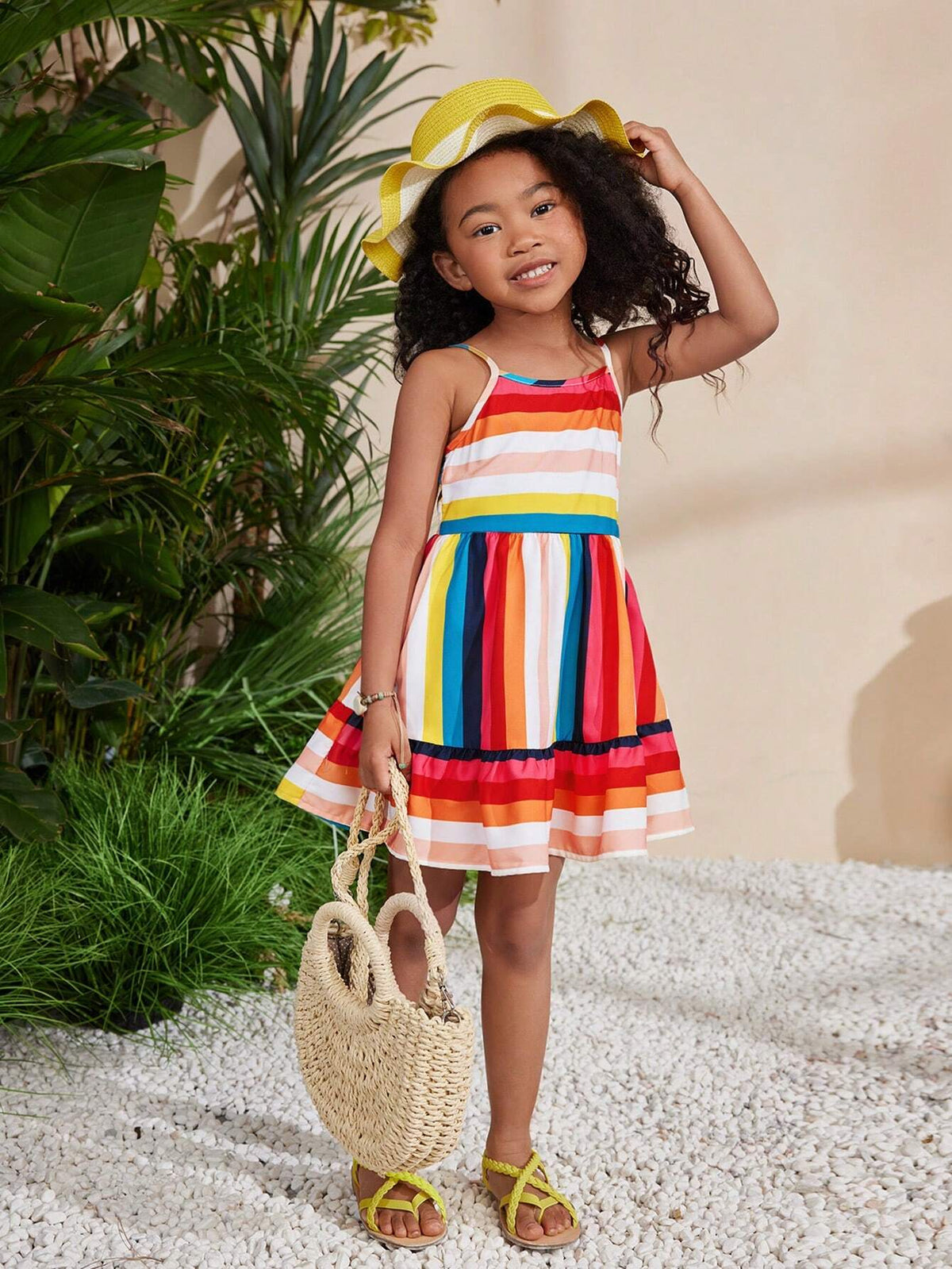 Young Girl Vacation Casual Spring/Summer Woven Multicolored Striped Spaghetti Strap Maxi Dress