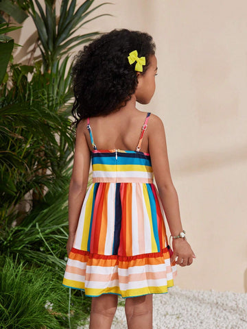 Young Girl Vacation Casual Spring/Summer Woven Multicolored Striped Spaghetti Strap Maxi Dress