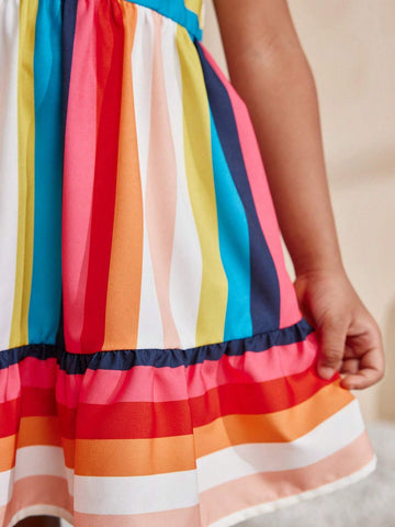 Young Girl Vacation Casual Spring/Summer Woven Multicolored Striped Spaghetti Strap Maxi Dress