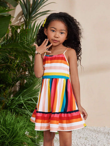 Young Girl Vacation Casual Spring/Summer Woven Multicolored Striped Spaghetti Strap Maxi Dress