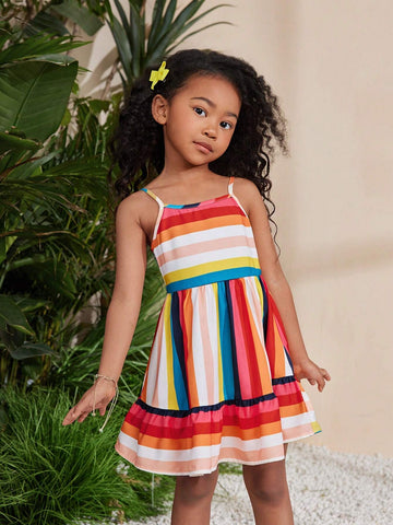 Young Girl Vacation Casual Spring/Summer Woven Multicolored Striped Spaghetti Strap Maxi Dress