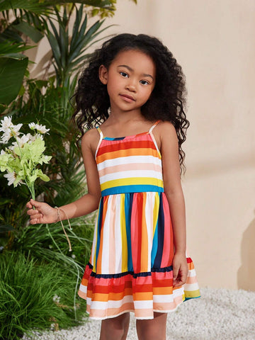 Young Girl Vacation Casual Spring/Summer Woven Multicolored Striped Spaghetti Strap Maxi Dress