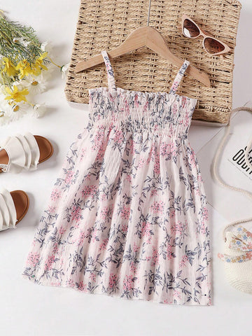Young Girl Vacation Plant Printed Strap Dress