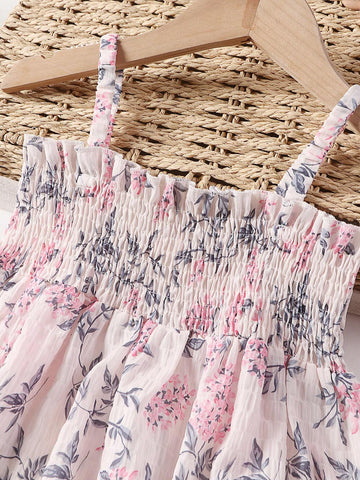 Young Girl Vacation Plant Printed Strap Dress
