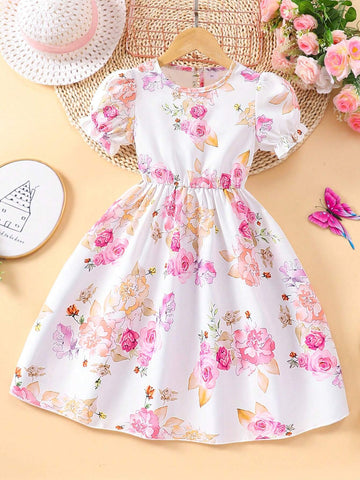 Young Girl Vacation Puff Sleeve Floral Print Round Neck Dress