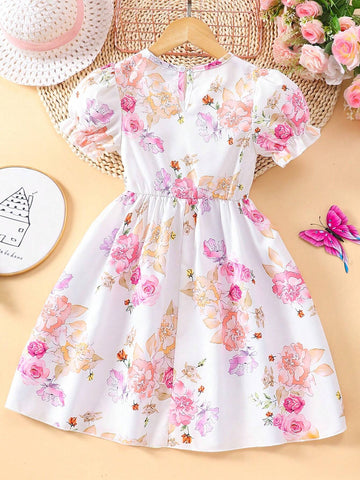 Young Girl Vacation Puff Sleeve Floral Print Round Neck Dress