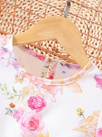 Young Girl Vacation Puff Sleeve Floral Print Round Neck Dress