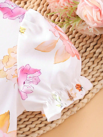 Young Girl Vacation Puff Sleeve Floral Print Round Neck Dress