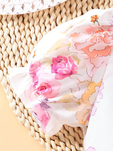 Young Girl Vacation Puff Sleeve Floral Print Round Neck Dress