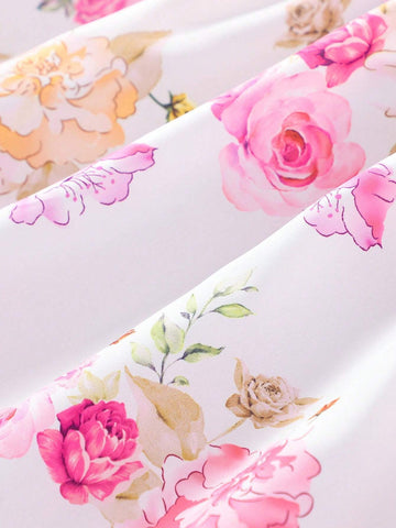 Young Girl Vacation Puff Sleeve Floral Print Round Neck Dress