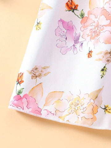 Young Girl Vacation Puff Sleeve Floral Print Round Neck Dress