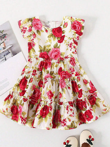 Young Girl Vacation Style Floral Print Ruffle Trim Dress For Summer