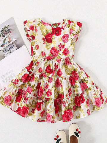 Young Girl Vacation Style Floral Print Ruffle Trim Dress For Summer