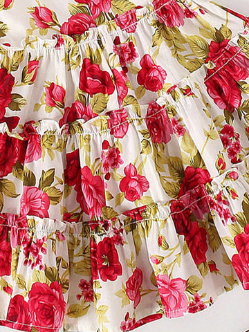 Young Girl Vacation Style Floral Print Ruffle Trim Dress For Summer