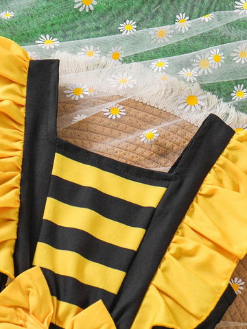 Young Girl Vacation + Adorable Bee Print Ruffle Hem Dress + Hat, Fall/Winter