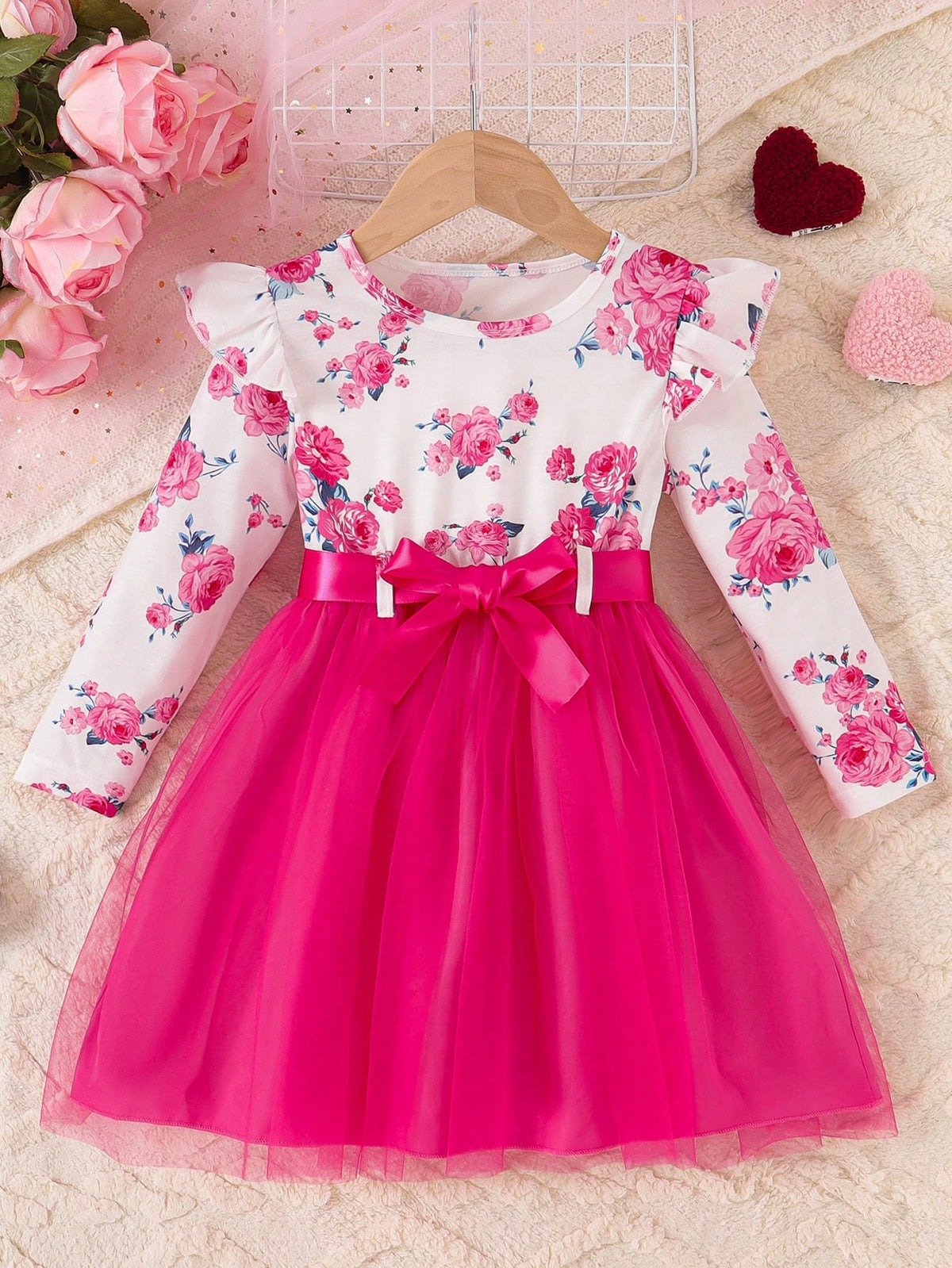 Young Girl Valentine's Day Floral Print Patchwork Mesh Dress With Belt