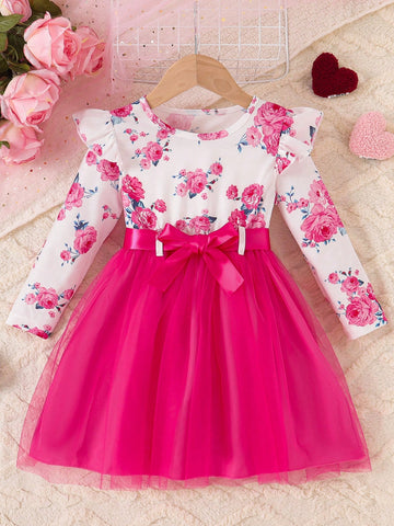 Young Girl Valentine's Day Floral Print Patchwork Mesh Dress With Belt