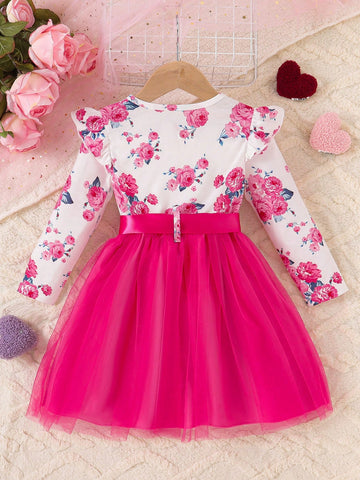 Young Girl Valentine's Day Floral Print Patchwork Mesh Dress With Belt