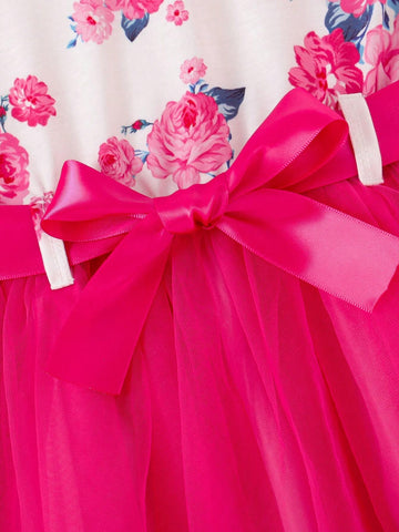 Young Girl Valentine's Day Floral Print Patchwork Mesh Dress With Belt