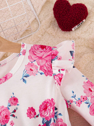Young Girl Valentine's Day Floral Print Patchwork Mesh Dress With Belt