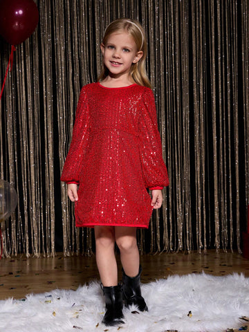Young Girl' Velvet Beaded Round Neck Long Sleeve Bodycon Party Dress With Ruffle Trim, Fall/Winter