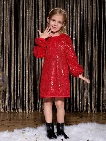 Young Girl' Velvet Beaded Round Neck Long Sleeve Bodycon Party Dress With Ruffle Trim, Fall/Winter