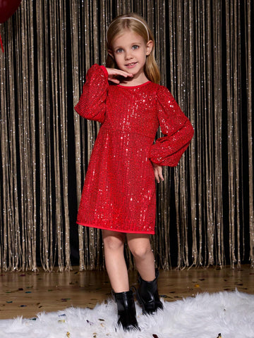 Young Girl' Velvet Beaded Round Neck Long Sleeve Bodycon Party Dress With Ruffle Trim, Fall/Winter