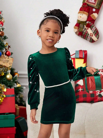 Young Girl Velvet Beaded Round Neck Long Sleeve Fitted Christmas Party Dress