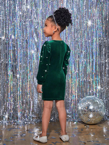 Young Girl Velvet Beaded Round Neck Long Sleeve Fitted Christmas Party Dress