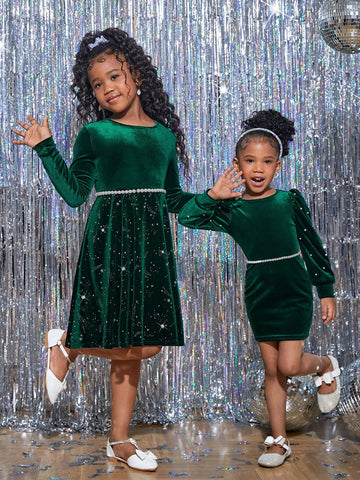 Young Girl Velvet Beaded Round Neck Long Sleeve Fitted Christmas Party Dress