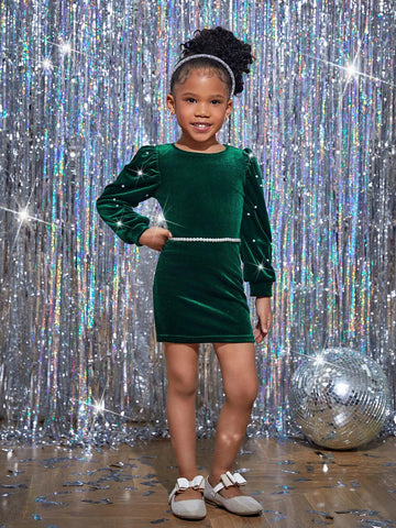 Young Girl Velvet Beaded Round Neck Long Sleeve Fitted Christmas Party Dress