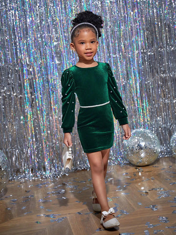 Young Girl Velvet Beaded Round Neck Long Sleeve Fitted Christmas Party Dress