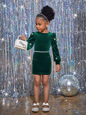 Young Girl Velvet Beaded Round Neck Long Sleeve Fitted Christmas Party Dress