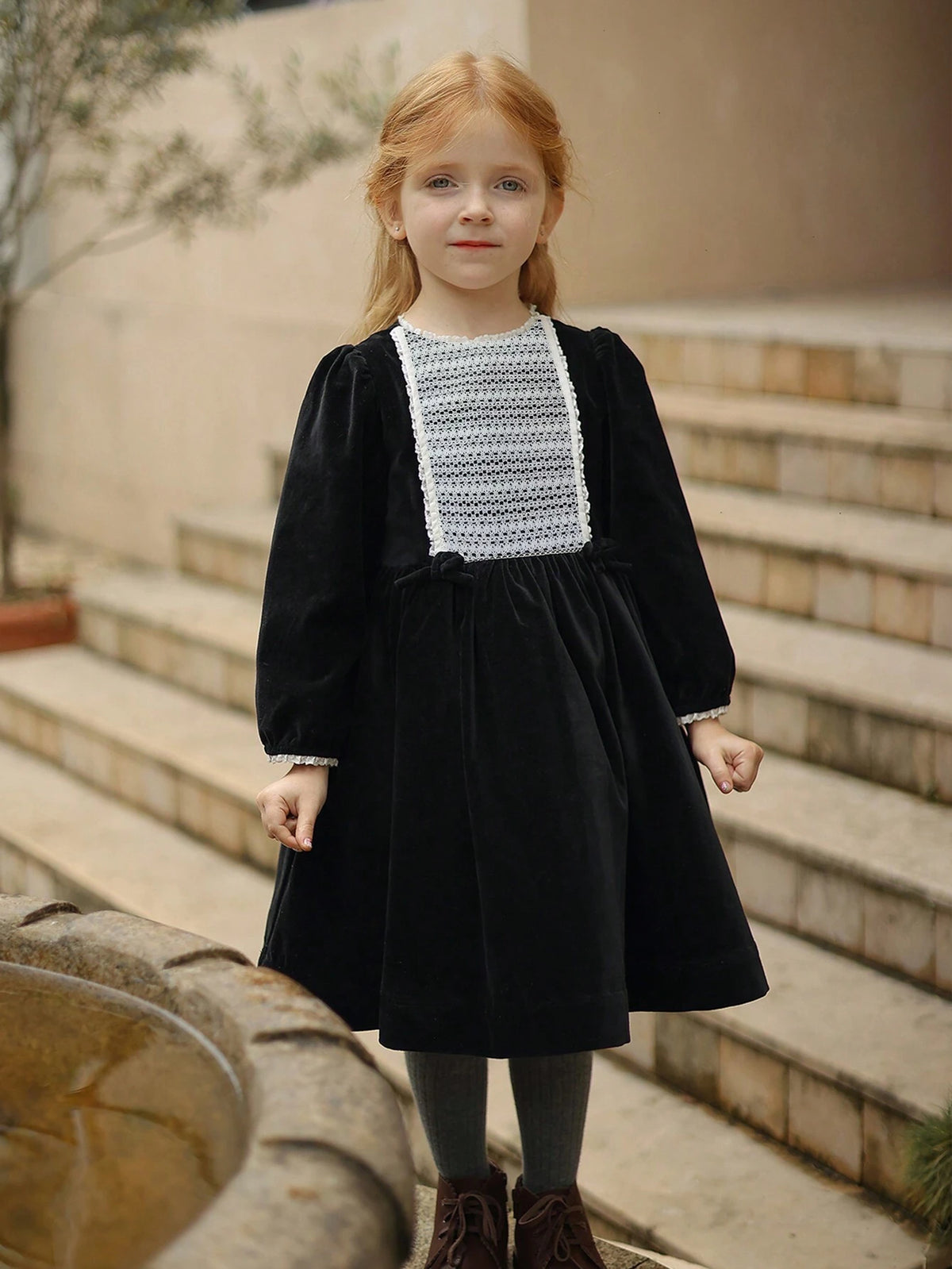 Young Girl Velvet Color Block Lace Trim Style Dress, Elegant Palace Style Costume, Autumn/Winter