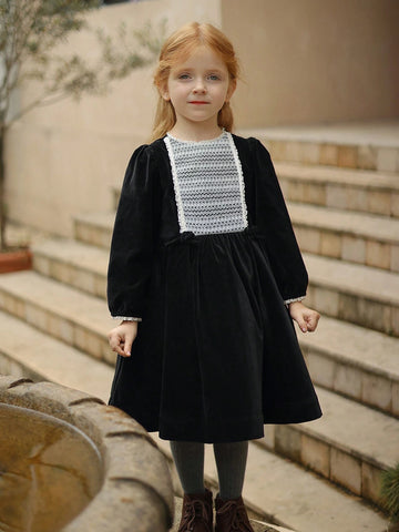 Young Girl Velvet Color Block Lace Trim Style Dress, Elegant Palace Style Costume, Autumn/Winter