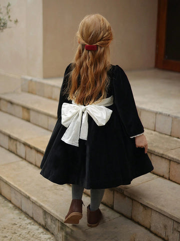 Young Girl Velvet Color Block Lace Trim Style Dress, Elegant Palace Style Costume, Autumn/Winter