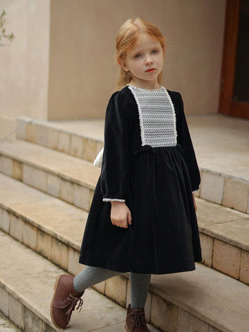 Young Girl Velvet Color Block Lace Trim Style Dress, Elegant Palace Style Costume, Autumn/Winter