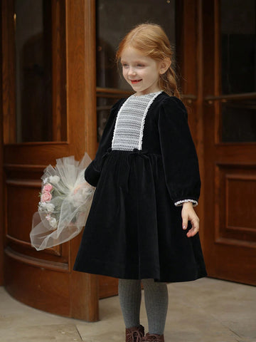 Young Girl Velvet Color Block Lace Trim Style Dress, Elegant Palace Style Costume, Autumn/Winter