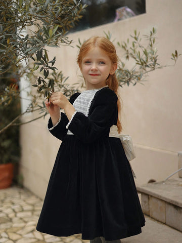 Young Girl Velvet Color Block Lace Trim Style Dress, Elegant Palace Style Costume, Autumn/Winter